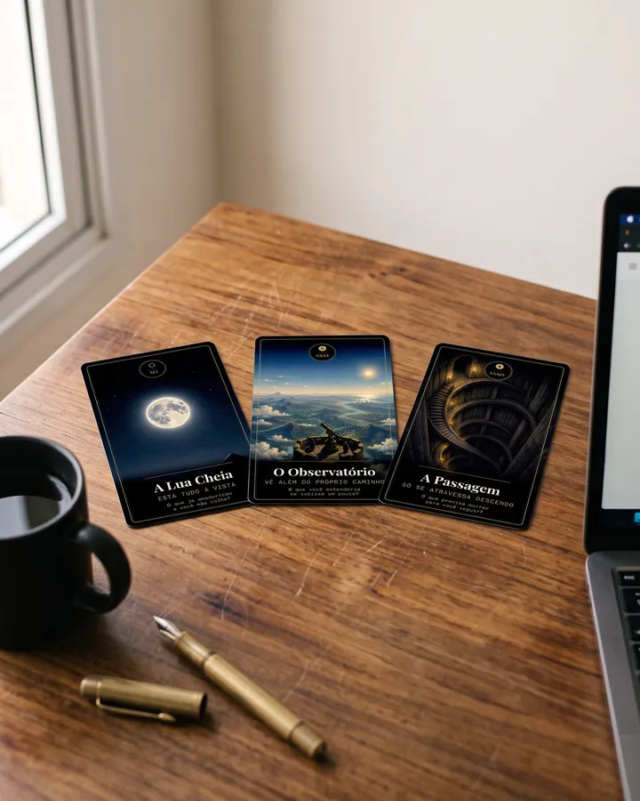 Três cartas terapêuticas A Bússola sobre uma mesa de madeira, ao lado de uma caneca, uma caneta e um notebook aberto