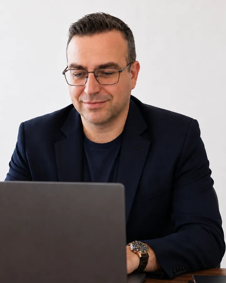 Luis Souza, de blazer azul-marinho, sorrindo enquanto atende online pelo notebook